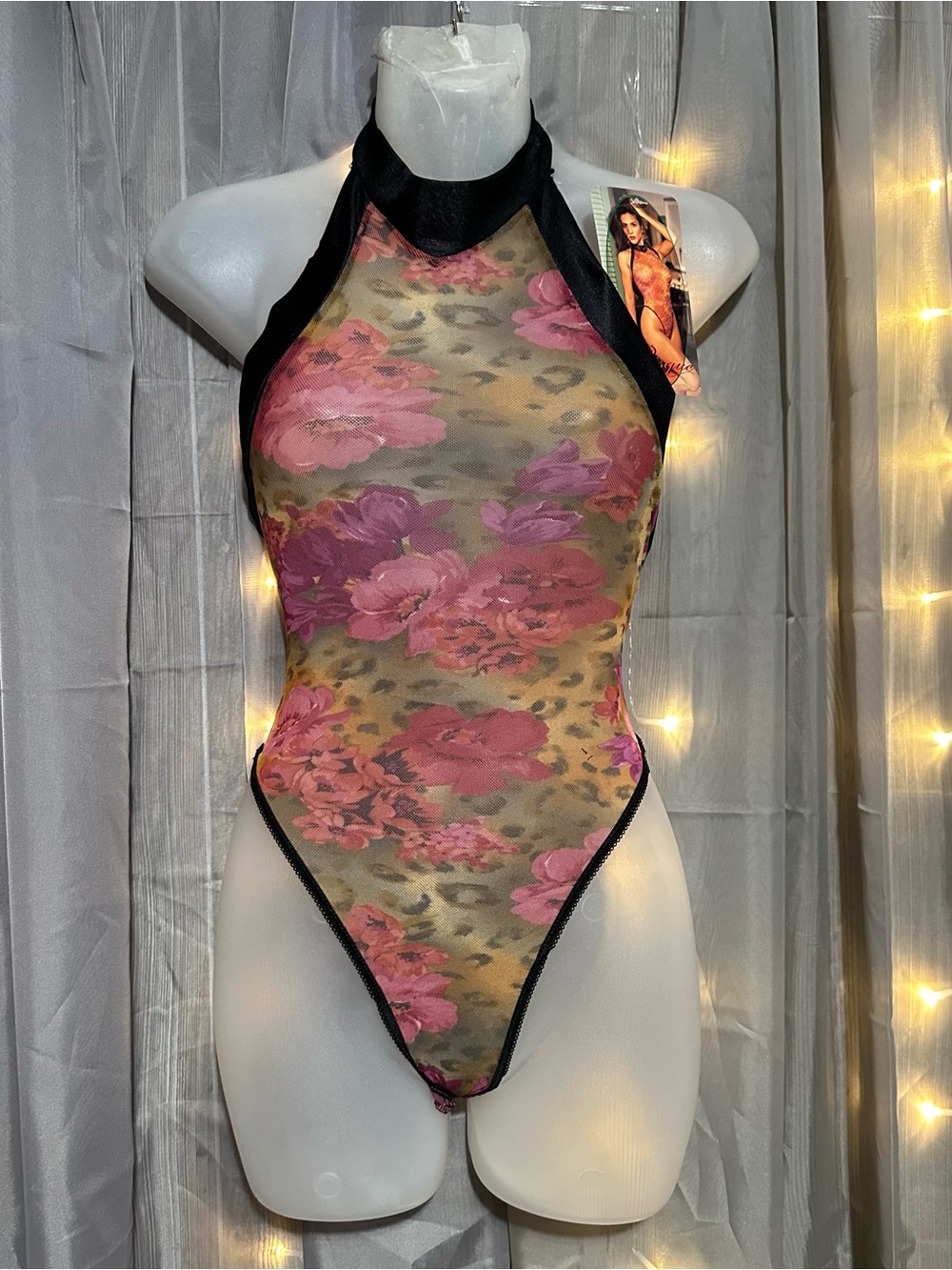 90s/2000s Risqué floral and leopard print sheer thong bodysuit Sz M/L NWT